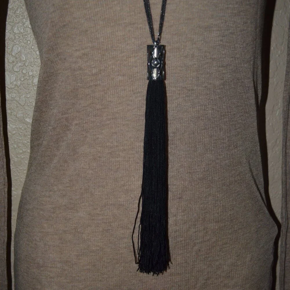 YSL Yves Saint Laurent Black Tassel Silver Chain Necklace